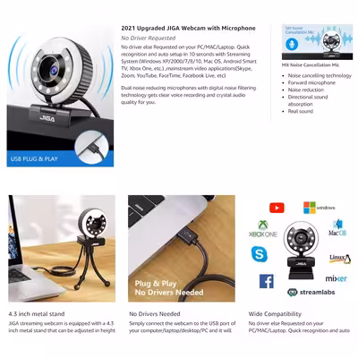 وب کم جیگا مدل Streaming with 3 Adjustable Ring Light