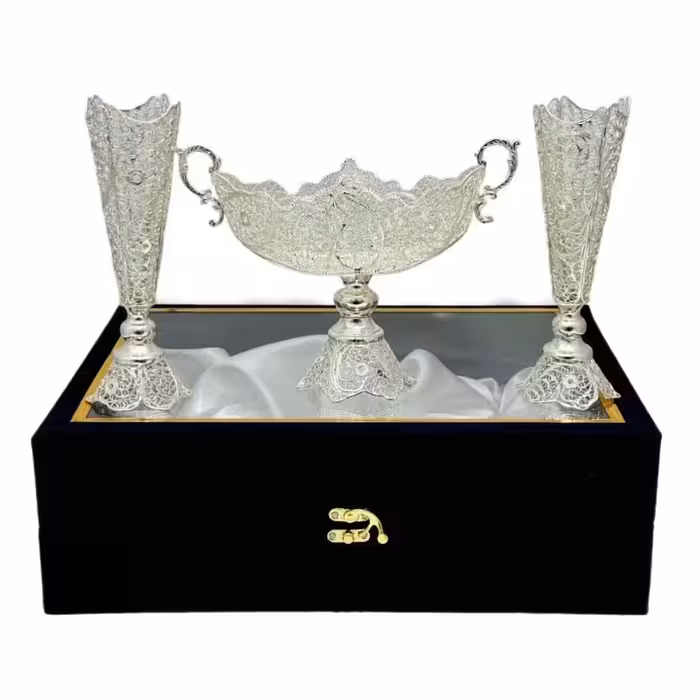 ست هدیه ظروف نقره ملیله کاری کشکول شماره 1 و گلدان تنه خمری