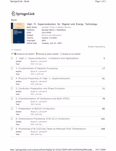 خرید و دانلود نسخه کامل کتاب High-Tc Superconductors for Magnet and Energy Technology: Fundamental Aspects (Springer Tracts in Modern Physics)