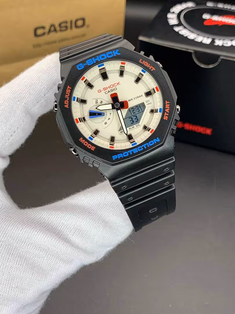 ساعت مچی کاسیو جیشاک مدل GA-2100 صفحه کرمی دور مشکی بند مشکی