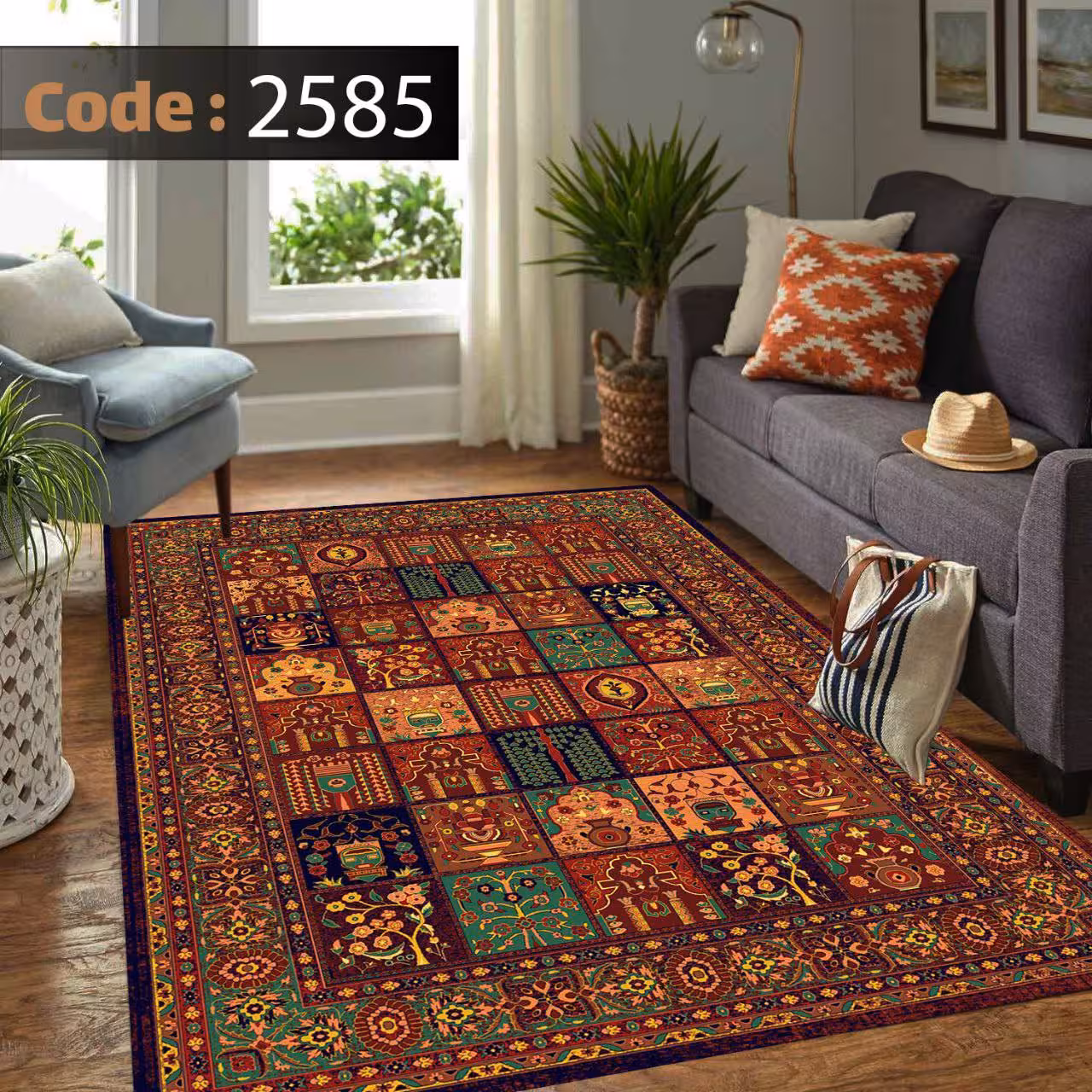 کاورفرش روفرشی دورکشدار گوشه لیفه ای لاکی ، آبی و متنوع کد 2585