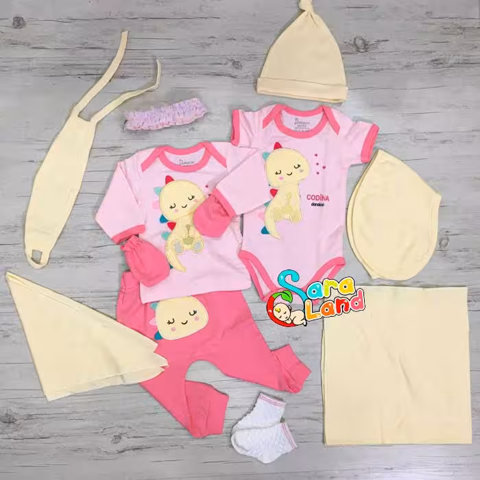 ست لباس نوزادی 19 تکه دانالو Danaloo طرح دایناسور صورتی