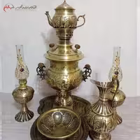 ست 7 پارچه سماور ذغالی 4 لیتری تبریز، همراه با چراغ گرد سوز و پارچ