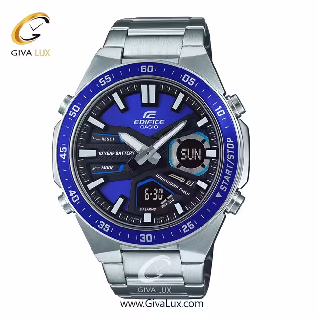 ساعت مچی اورجینال مردانه کاسیو Casio دو زمانه نقره ای | نقره ای| آبی کاربنی| کد رفرنس ادیفایس Edifice EFV-C110D-2AVDF