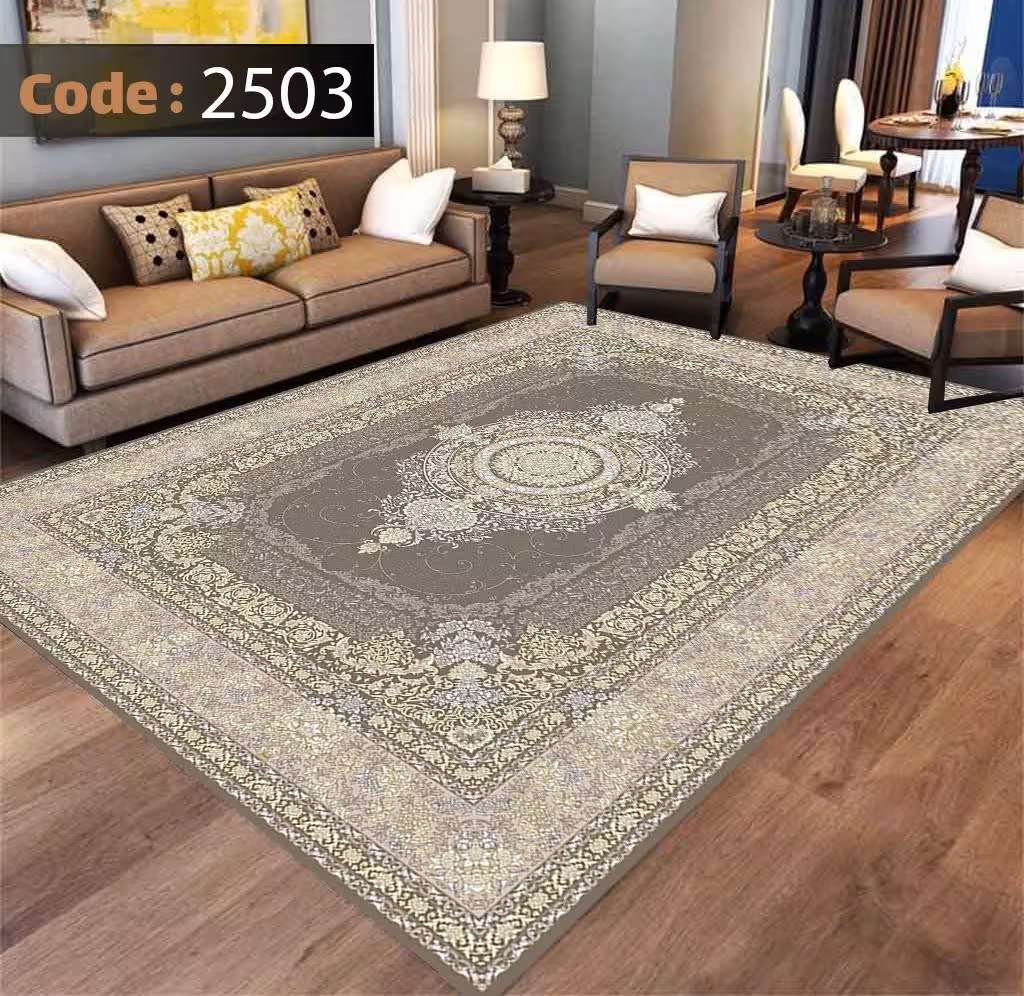 کاورفرش روفرشی دورکشدار گوشه لیفه ای کرم  قهوه ای کد 2503