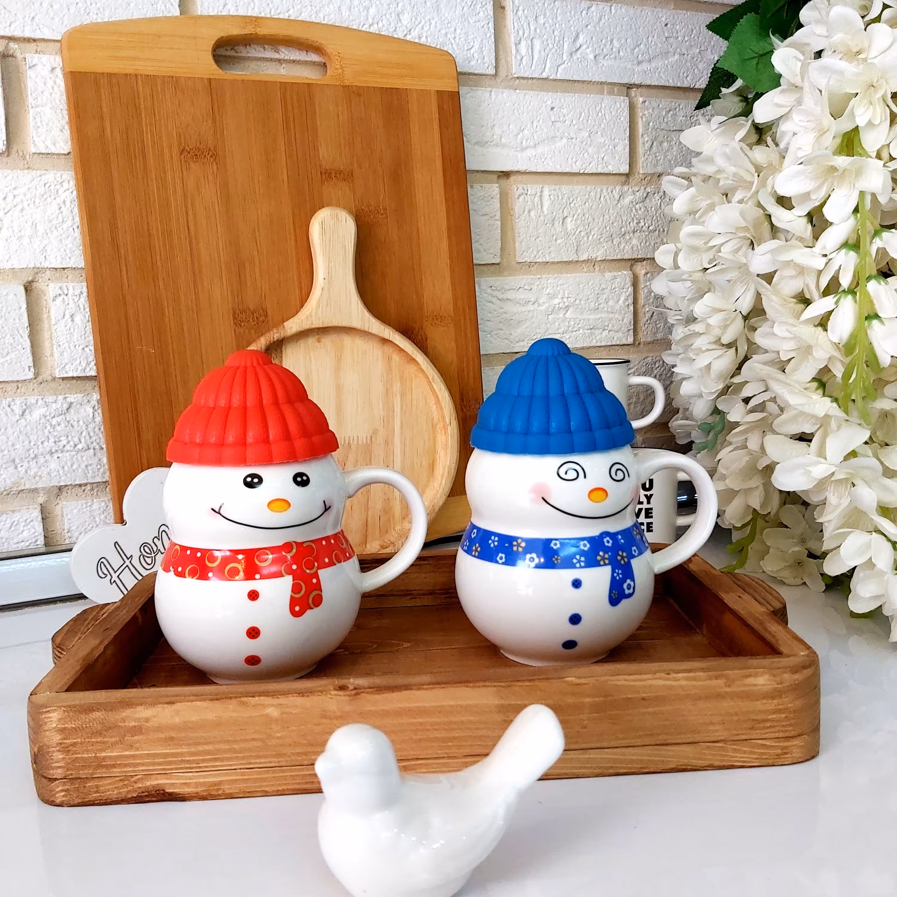 ماگ سرامیکی آدم برفی ، درب سیلیکونی ، سایز بزرگ ، دو عدد (جفت )