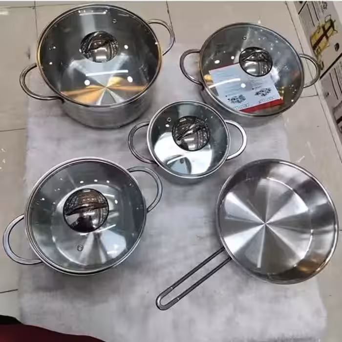 سرویس قابلمه استیل 9 پارچه دستی لوکس براق دسته استیل | زرشکی | صورتی