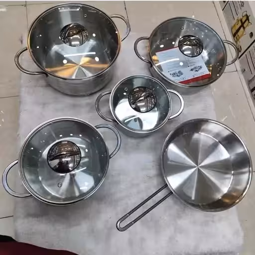 سرویس قابلمه استیل 9 پارچه دستی لوکس براق دسته استیل | زرشکی | صورتی