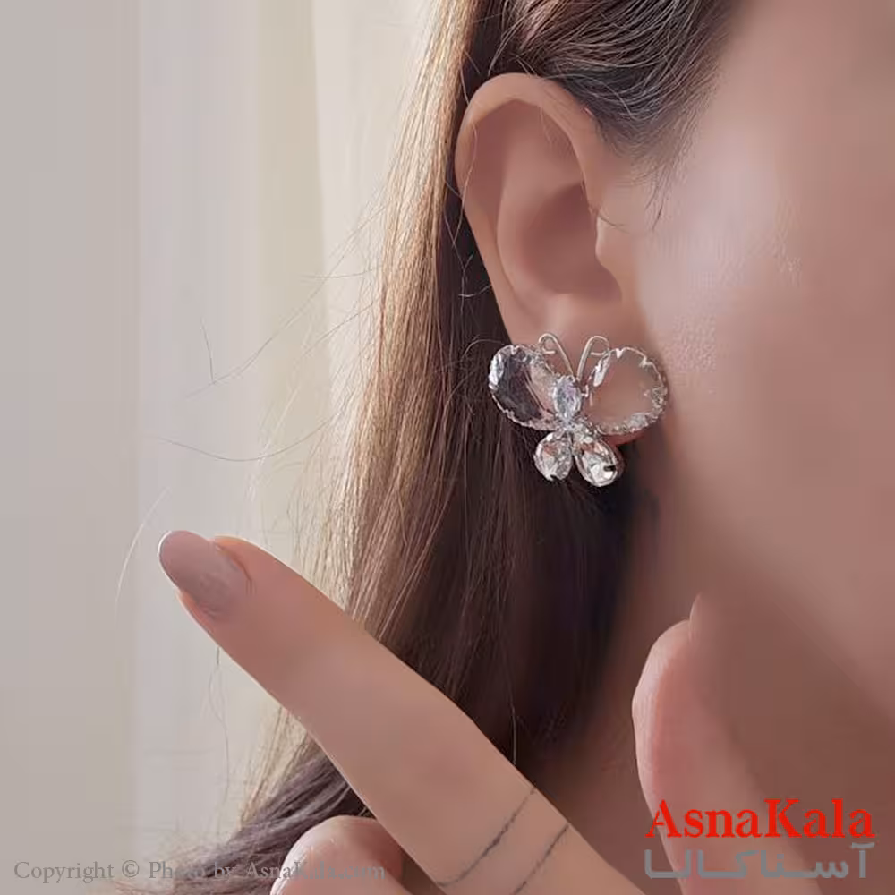 گوشواره مجلسی جواهری مدل پروانه نگین دار استیل نقره ای کد GSH15510W