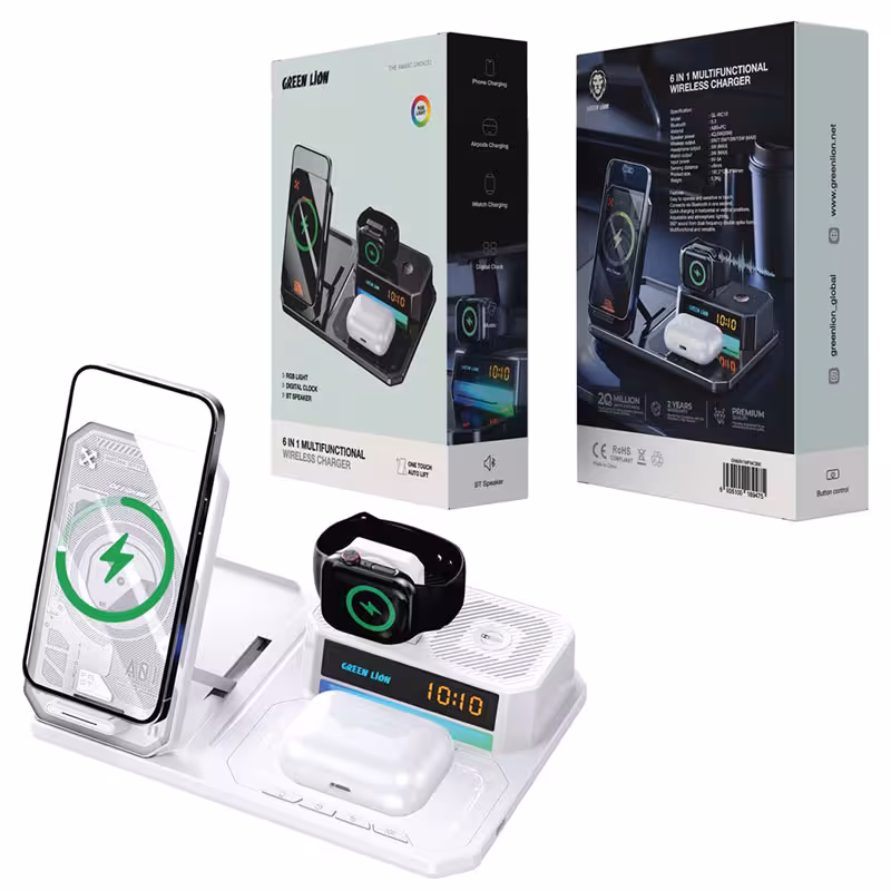 استند شارژ وایرلس اسپیکرشو رقص نور دار Green lion 6in1 wireless charging station 15w