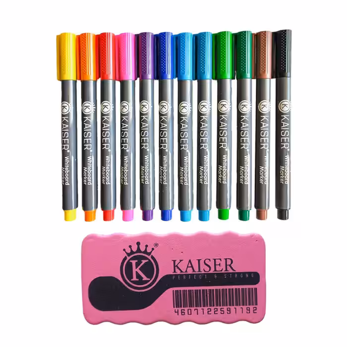 ماژیک وایت برد رنگی کایزر مدل سر نازک طرح باریک به همراه تخته پاک کن مجموعه 13 عددی | چاوه