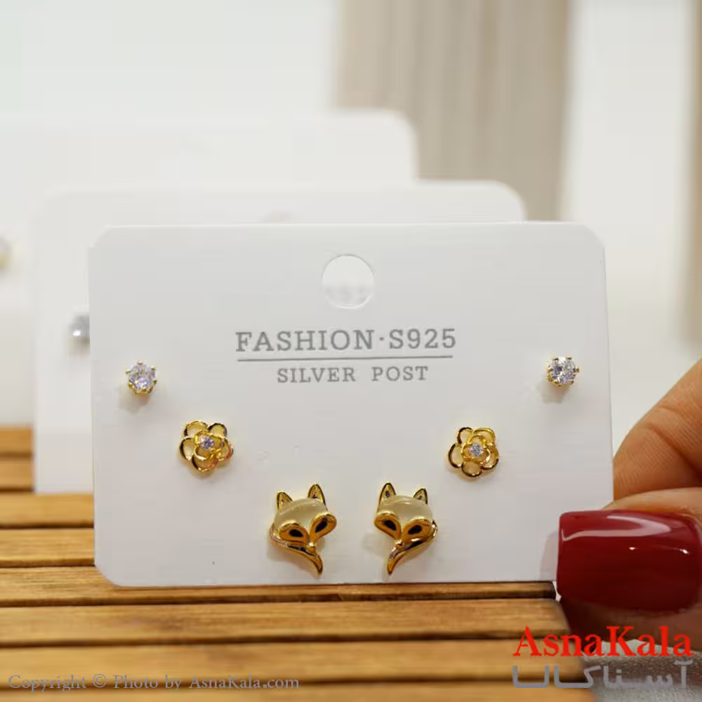 گوشواره زنانه استیل 316 پک 3 جفتی مدل روباه و گل و تک نگین میخ نقره ای کد GSH15567W