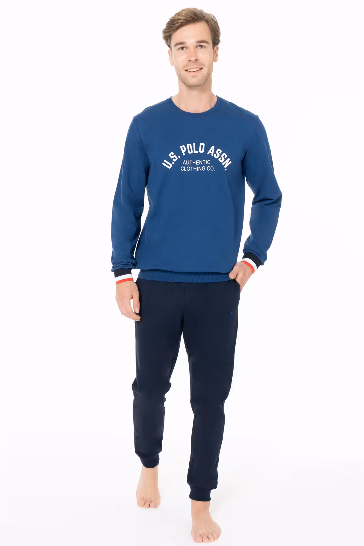 ست پیژامه مردانه مجموعه لباس خواب آقایان جیب 100 ٪ پنبه آستین بلند یقه دوچرخه بازو و تایر چاپ چوگان U.S. Polo Assn.