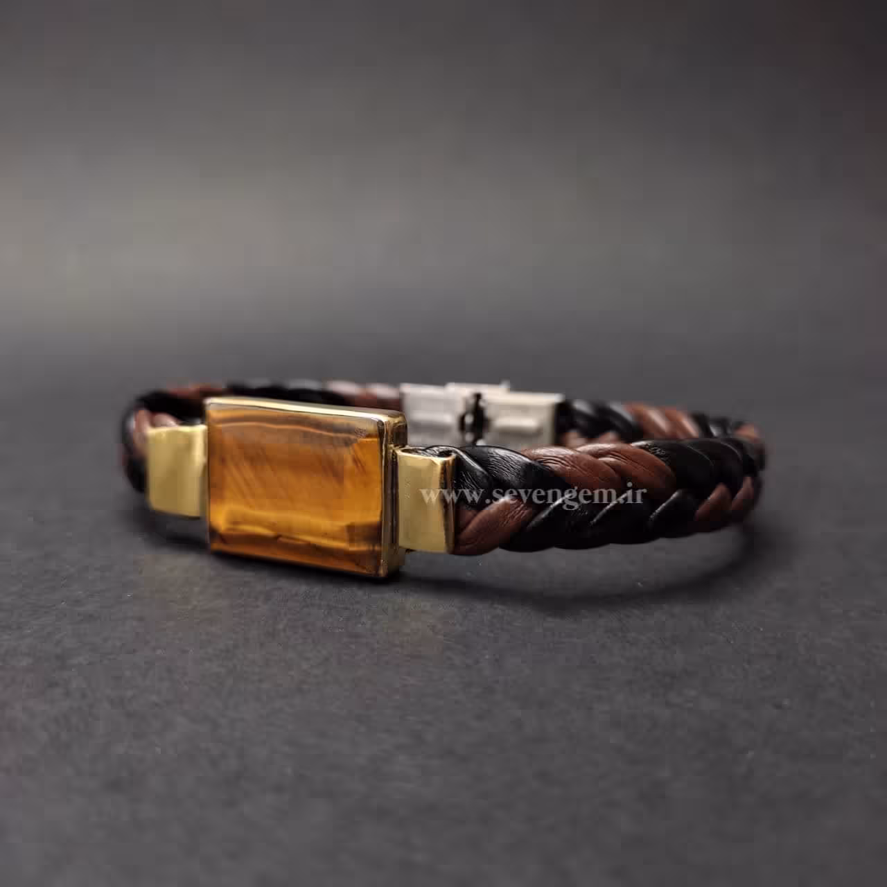 دستبند سنگ چشم ببر با رکاب برنجی (کد24)