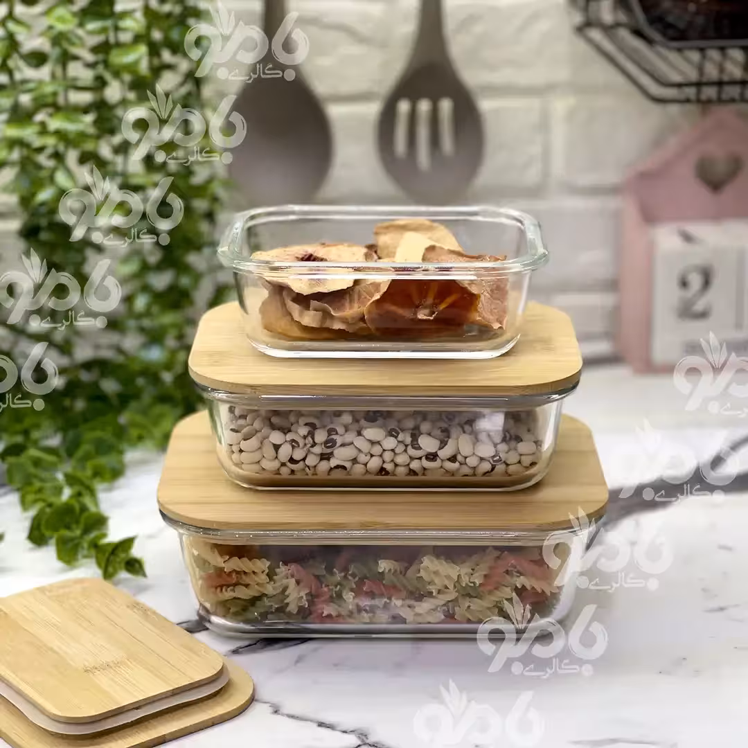 ظرف نگهدارنده پیرکس درب بامبو 3تکه