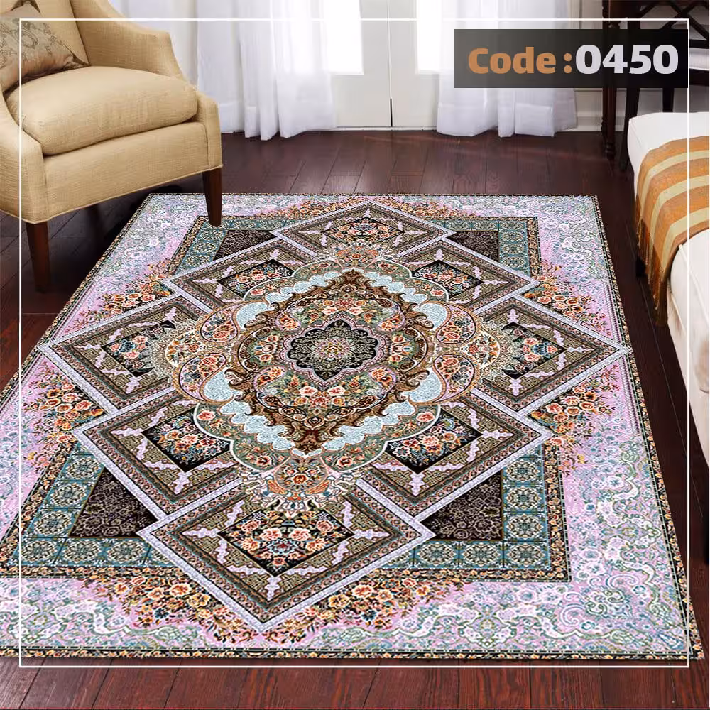 کاورفرش روفرشی دورکشدار گوشه لیفه ای لاکی ، آبی و متنوع کد 0450