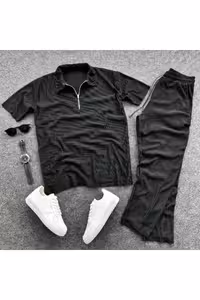 ست تیشرت یقه دار فیتیله‌ای و شلوار بگ لی کره‌ای 2 تکه - 5504