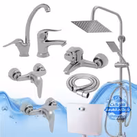 ست 8 عددی شیرآلات برند آیدا صنعت مدل قهرمان اردکی | شیر ظرفشویی   روشویی   حمام   2 عدد شیر توالت   علم دوش یونیورست صفحه استیل   شلنگ توالت   فلاش‌تانک دیواری | کروم مات