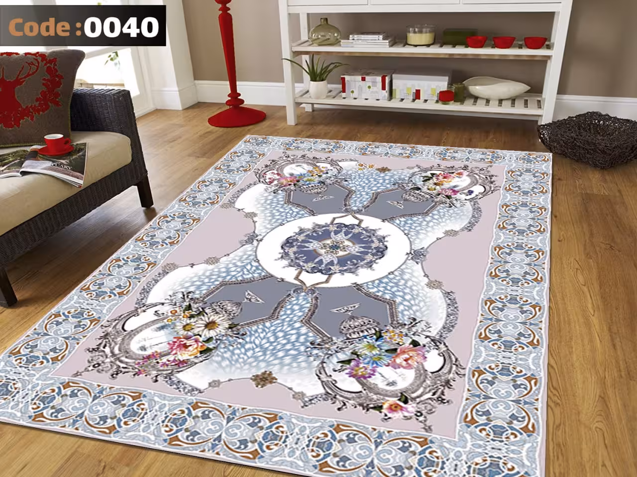 کاورفرش روفرشی دورکشدار گوشه لیفه ای طوسی کرم کد 0040