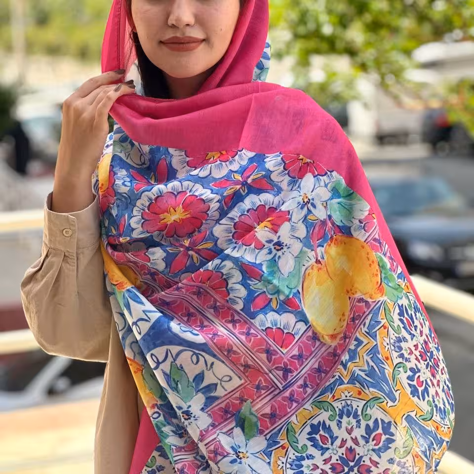 شال زنانه طرح دار سرخابی گلدار شیک تمام نخ ارسال رایگان