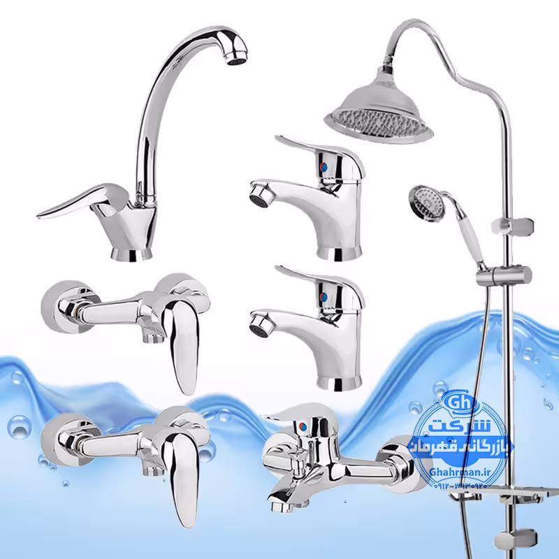 ست 7 عددی شیرآلات برند آیدا صنعت مدل قهرمان | شیر ظرفشویی   2 عدد روشویی   حمام   2 عدد توالت   علم دوش شیپوری | کروم براق