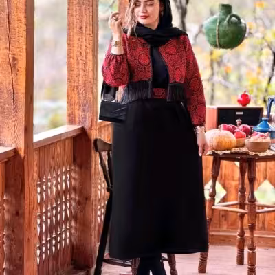 پیراهن مهمانی زنانه تافته مدل ست سه تکه کت تافته و سارافون کرپ پلاس و کمربند مدل نارگل