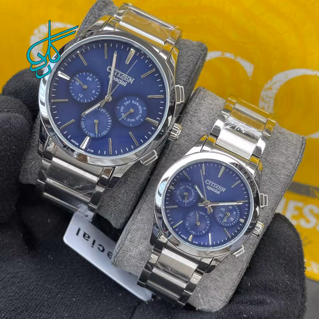 خرید ست ساعت زنانه و مردانه سیتیزن اسپشیال سه موتوره فعال کیفیت عالی ساخت ژاپن استیل رنگ ثابت کد 2116075 - ردگل