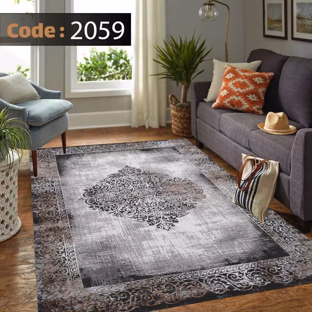 کاورفرش روفرشی دورکشدار گوشه لیفه ای طوسی کرم کد 2059