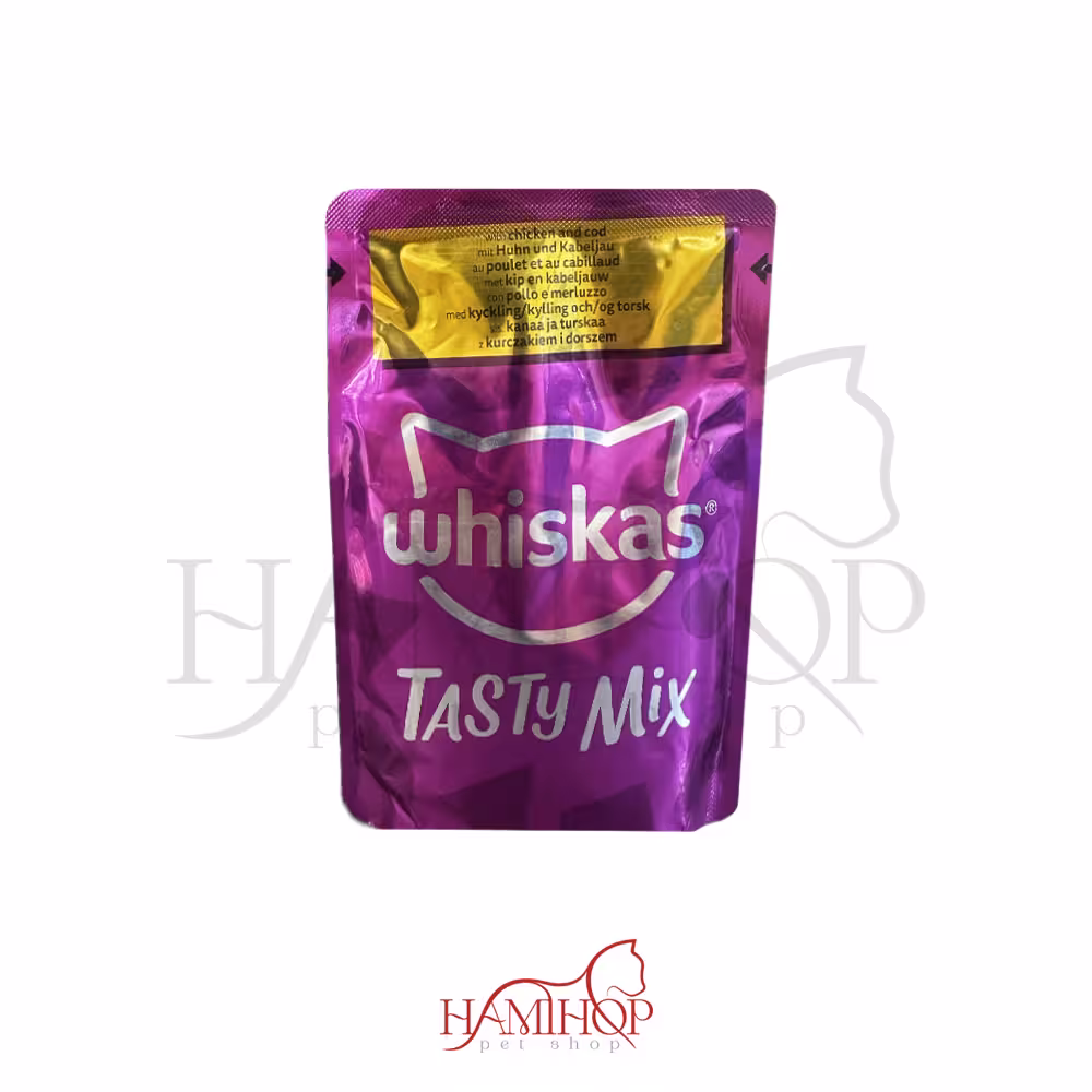پوچ گربه بالغ ویسکاس با طعم مرغ و ماهی کاد در سس وزن85 گرم ا Whiskas Pouch Adult Wet Cat Food With Chicken and cod In Gravy