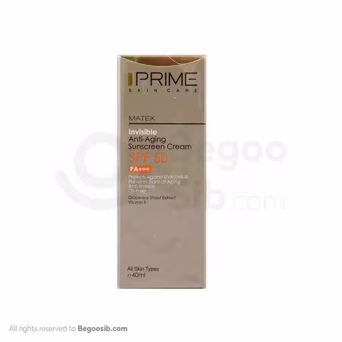 کرم ضد آفتاب جوان کننده SPF50 فاقد رنگ و چربی پرایم حجم 40 میلی لیتری