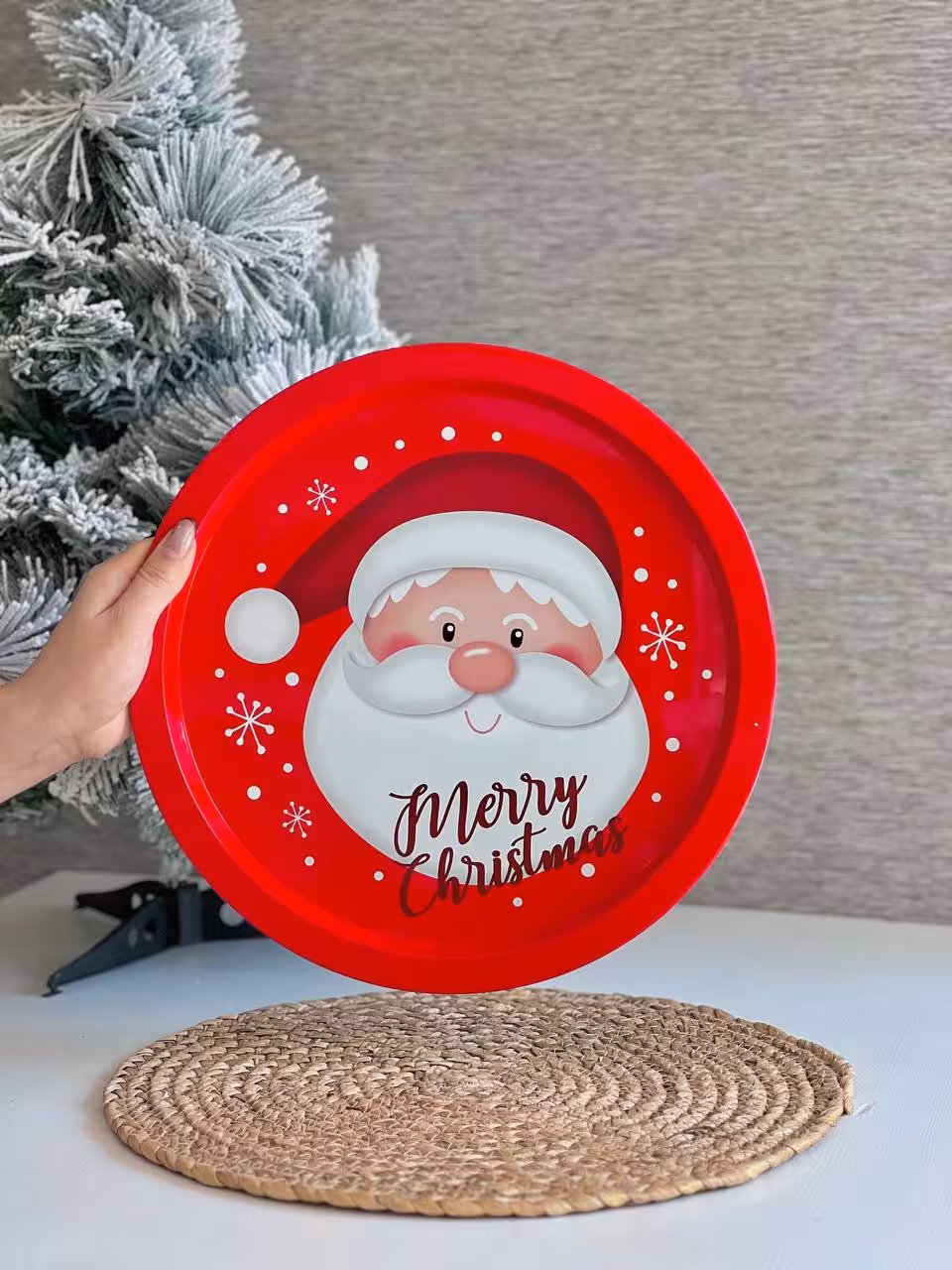 سینی فلزی کریسمسی مدل گرد کد 1613 – طرح بابانوئل قرمز
