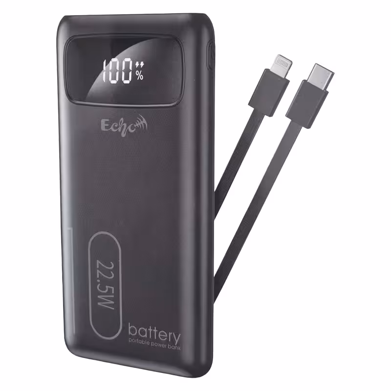 پاوربانک اکو مدل E10000، ظرفیت 10000 میلی‌آمپر، شارژ ایمن، فناوری USB PD، تخصیص هوشمند شدت جریان خروجی، سازگار با انواع گجت‌های هوشمند، به همراه دو عدد کابل USB TYPE-C و LIGHTNING داخلی با پشتیبانی از قابلیت شارژ سریع، دارای 2 درگاه خروجی