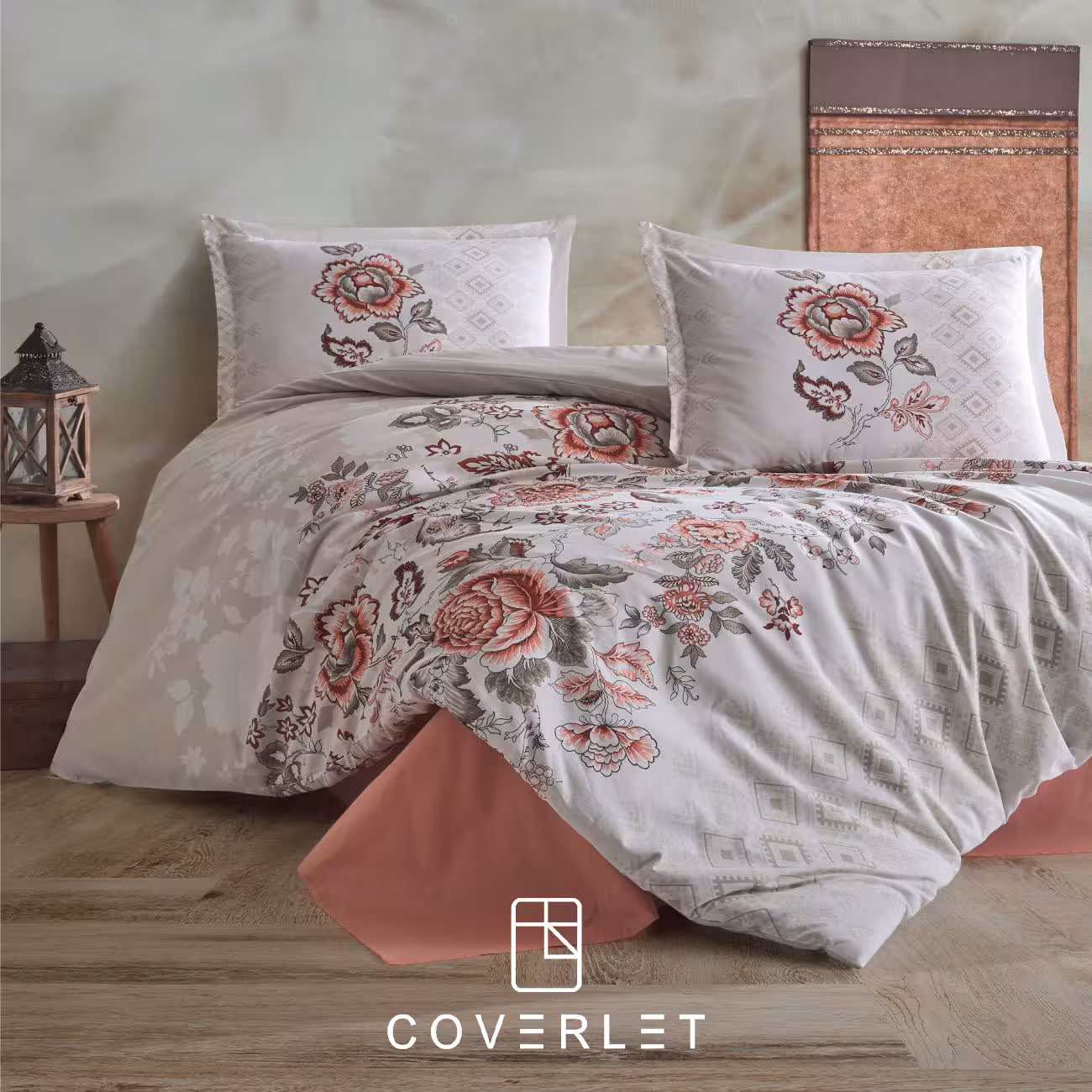 روتختی بژ قرمز طرح گل و برگ دونفره کاوری مدل Minda