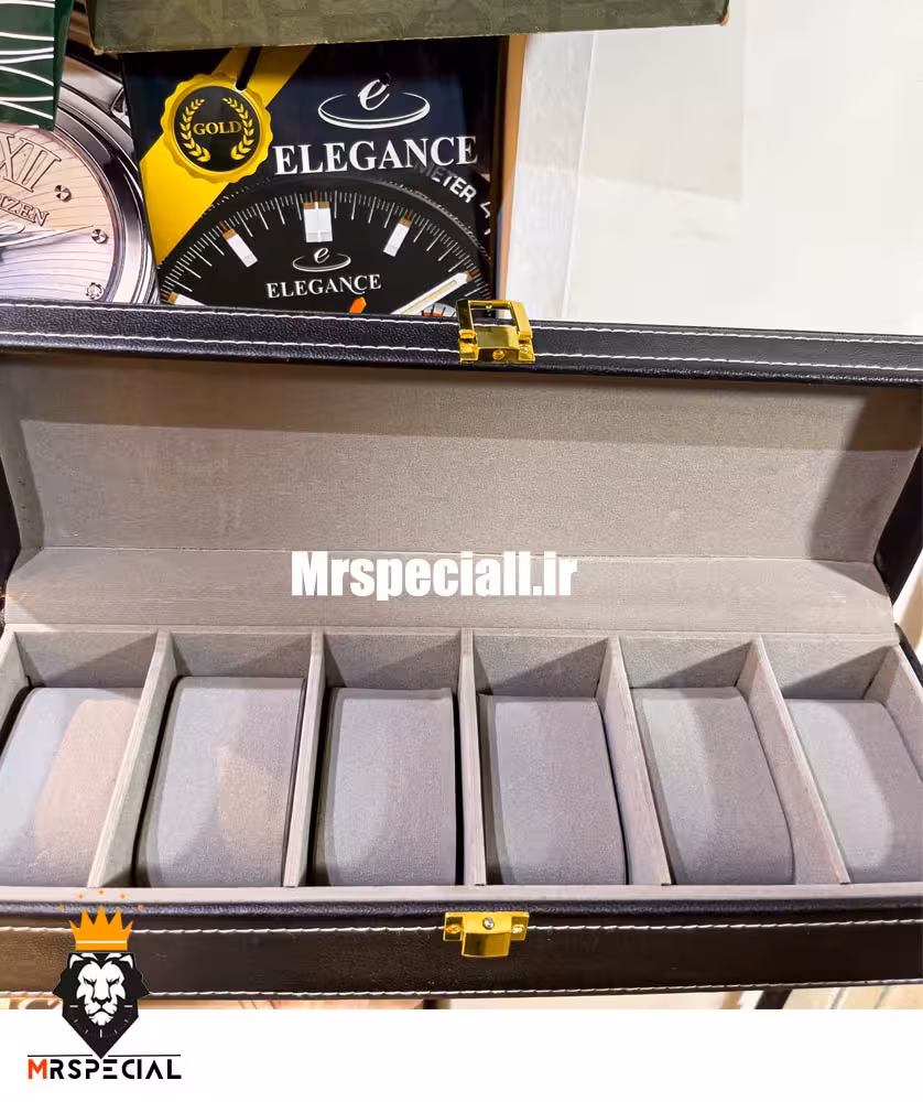 جعبه ساعت چوبی 6 تایی چرم مشکی دور دوخت پارچه طوسی 0052 WATCH BOX