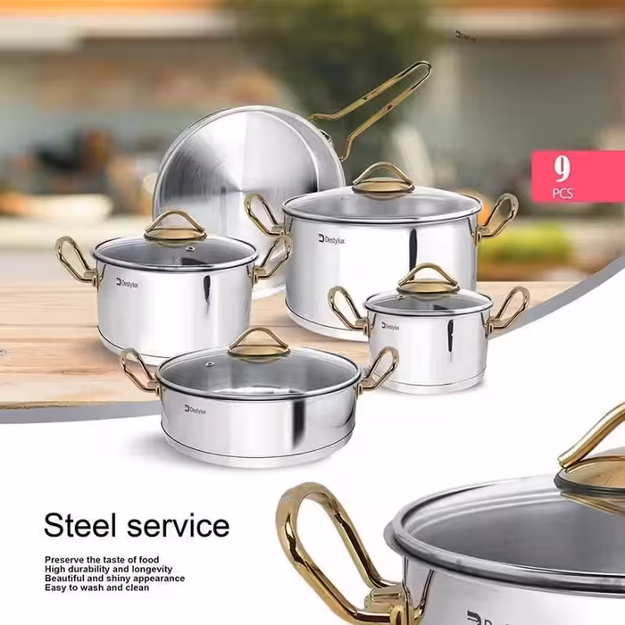 سرویس قابلمه استیل 9 پارچه دستی لوکس مات دسته طلایی
