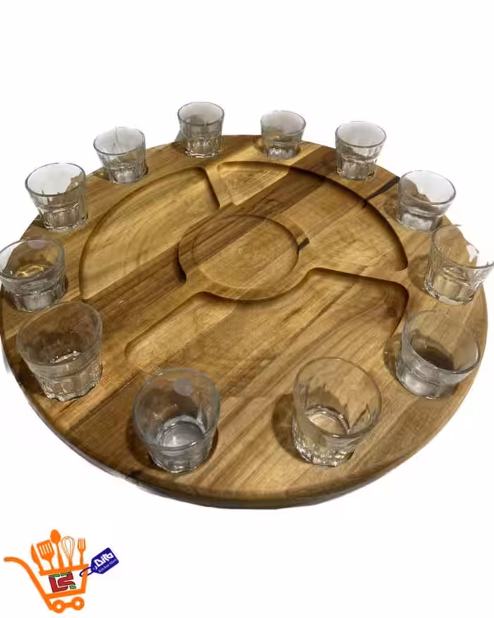 شات پلیت گردان 12 تایی گرد چوب گردو به همراه لیوان