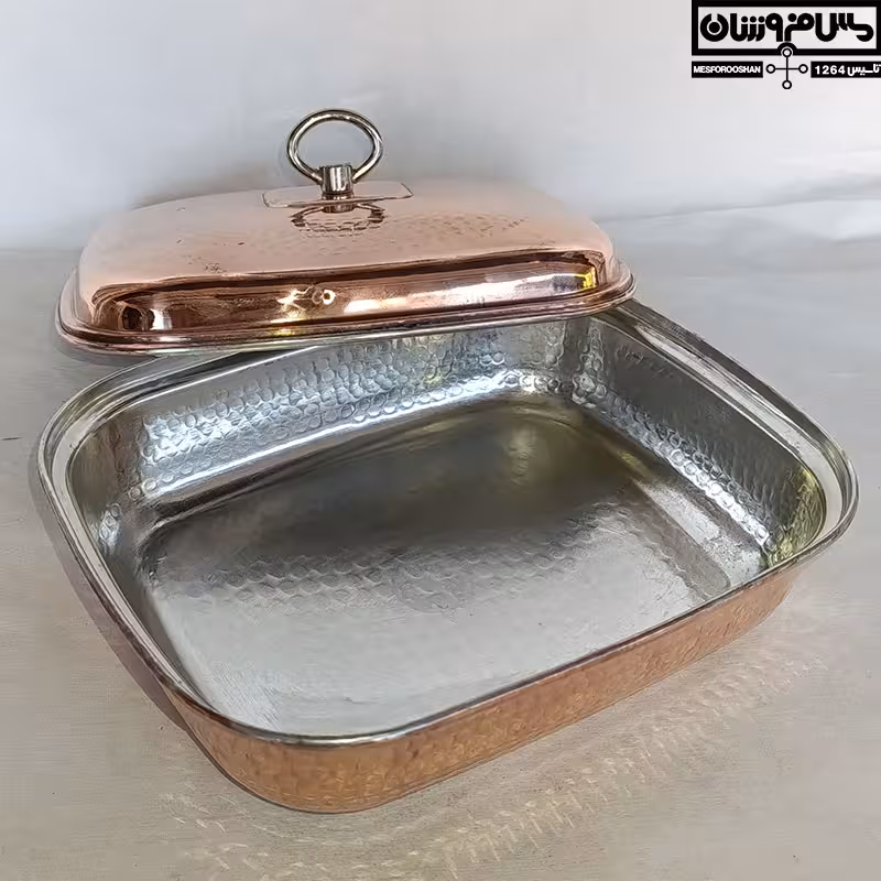 قالب کیک پزی مسی مستطیلی زنجان | حلوا خوری مسی نانو درب دار دسته برنجی بدون پایه سایز 1 قطر 22*26 | مدل ساواج