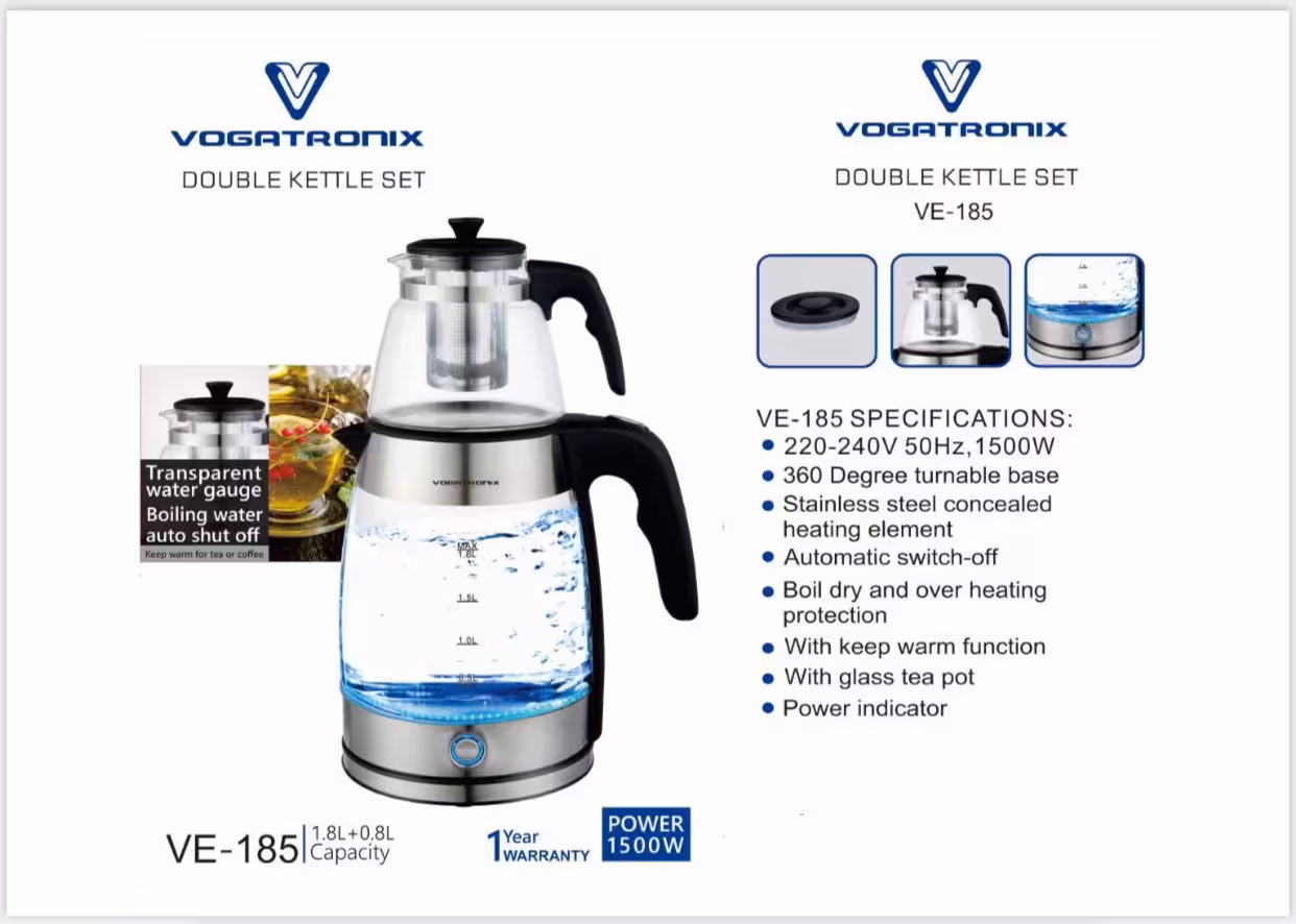 چای‌ساز وگاتی مدل VE-185 | چای‌ساز شیشه‌ای پیرکس 2 لیتری