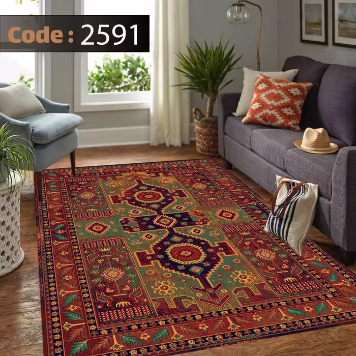 کاورفرش روفرشی دورکشدار گوشه لیفه ای لاکی ، آبی و متنوع کد 2591