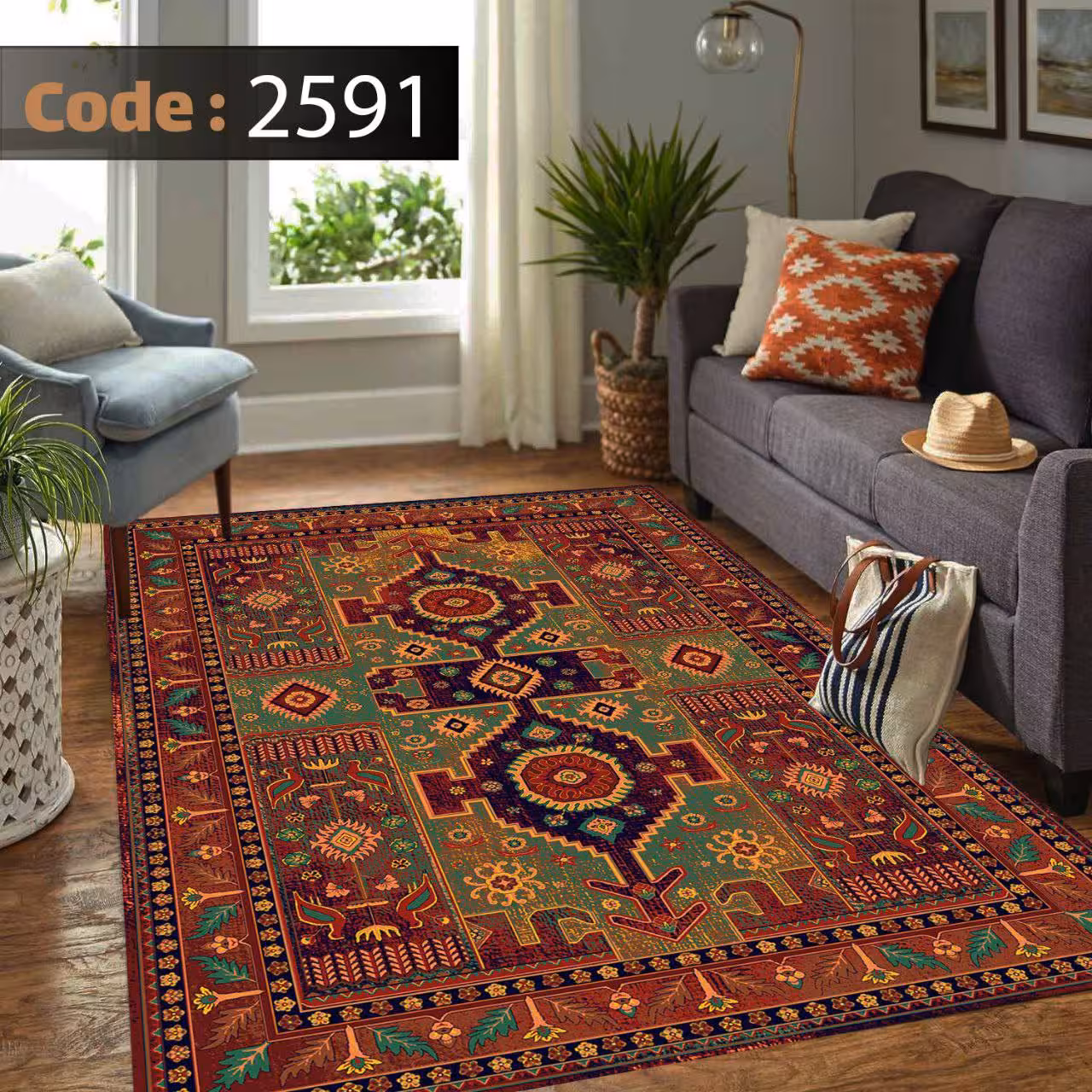 کاورفرش روفرشی دورکشدار گوشه لیفه ای لاکی ، آبی و متنوع کد 2591