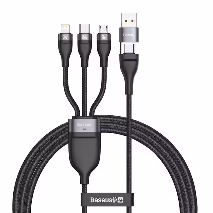 کابل تبدیل USB/USB-C به لایتنینگ/USB-C/micro-USB باسئوس مدل Flash Series 100W طول 1.2 متر