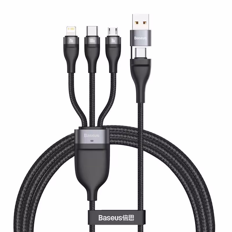 کابل تبدیل USB/USB-C به لایتنینگ/USB-C/micro-USB باسئوس مدل Flash Series 100W طول 1.2 متر