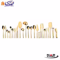 سرویس 158 پارچه ناب استیل مدل فلورانس طلایی PVD با کنسول چوبی
