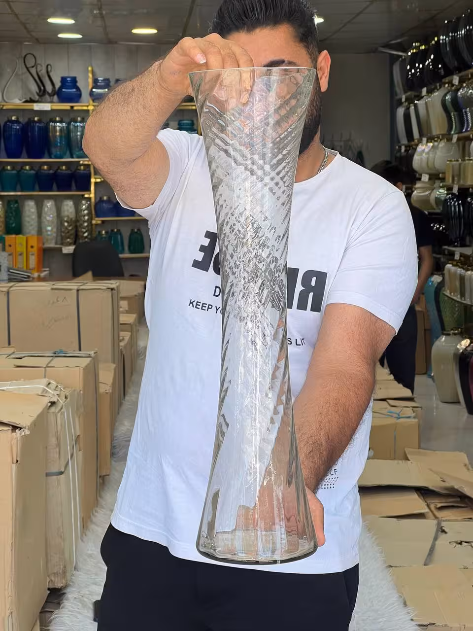 گلدان بامبو بلند شیشه ای کمر باریک60سانتی موج دار