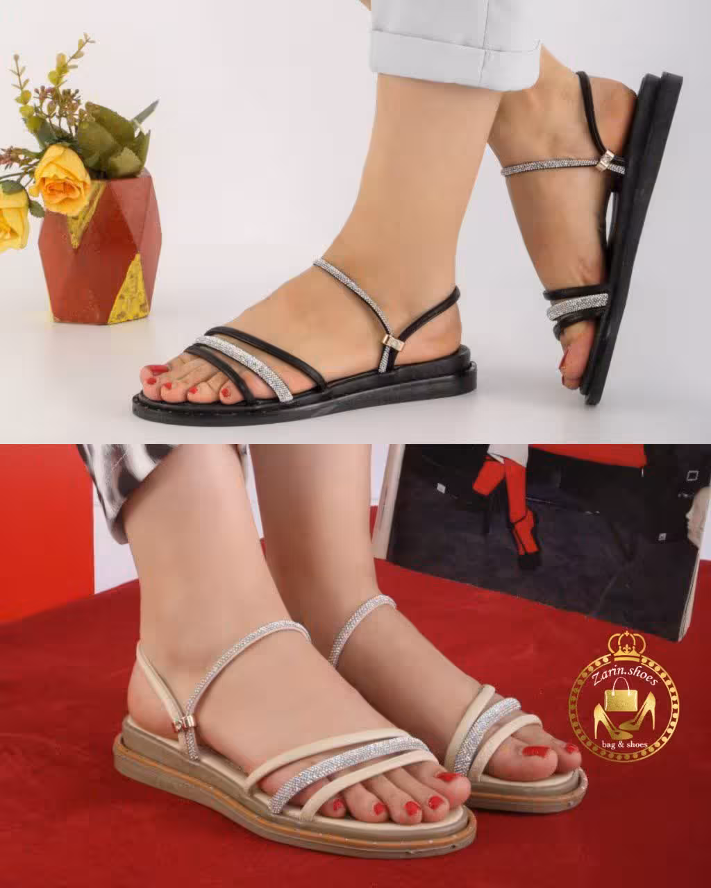 صندل زنانه سه بندی دوحالته نگینی