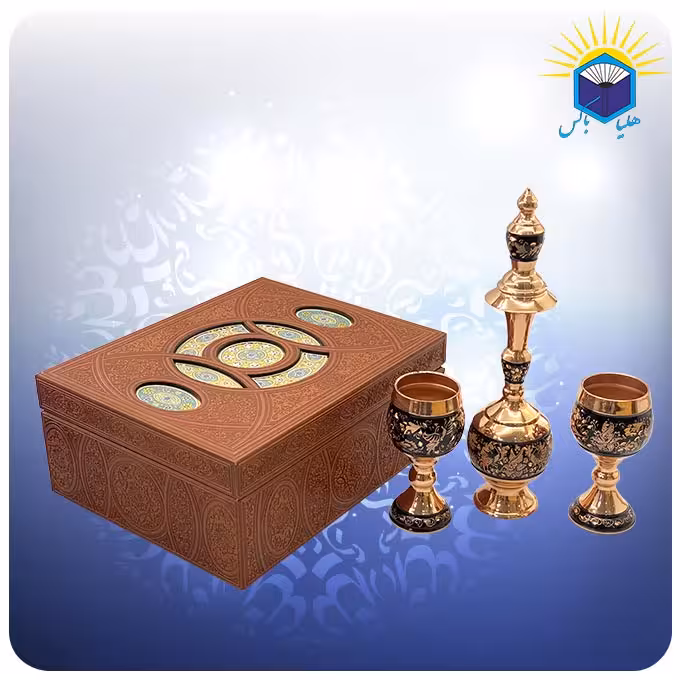 ست تنگ تنه گرد 23 سانت و دو جام مس و الماس تراش کوچک با جعبه ام دی اف چرمی