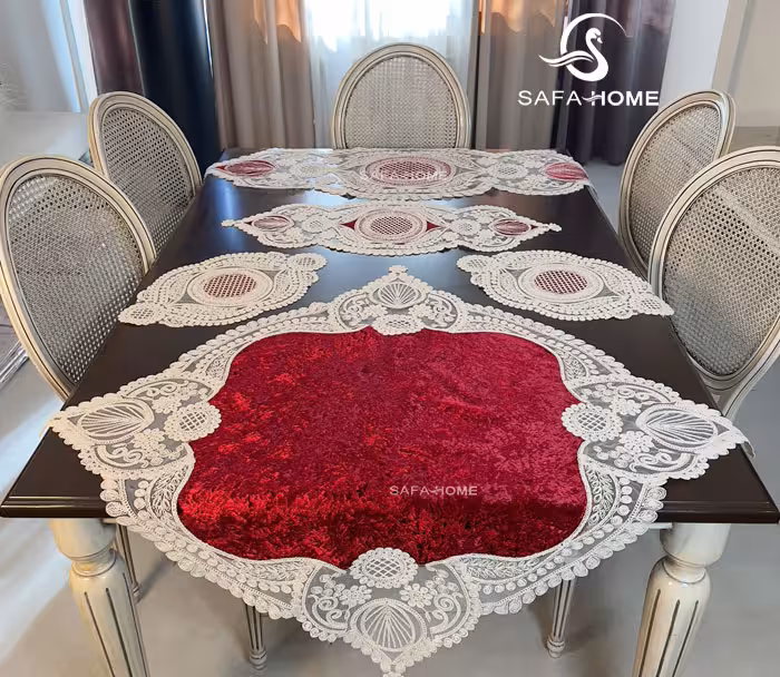 رومیزی 5 تکه مدل برگ زنبوری زرشکی