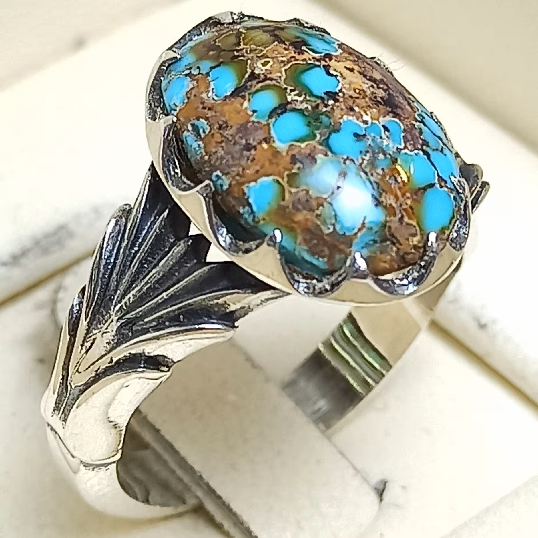 انگشتر فیروزه نیشابوری نقره شجری آبی 22