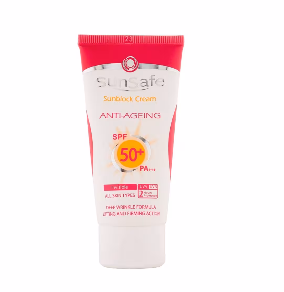 کرم ضد آفتاب و ضد چروک سان سیف بی رنگ مناسب انواع پوست 50ml SPF50