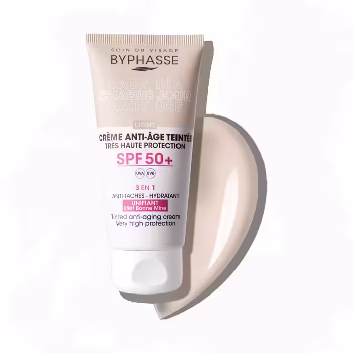 ضدآفتاب رنگی سه کاره آبرسان, آنتی اکسیدان و ضدچروک بایفاس Byphasse رنگ Light و SPF 50 حجم 50میل